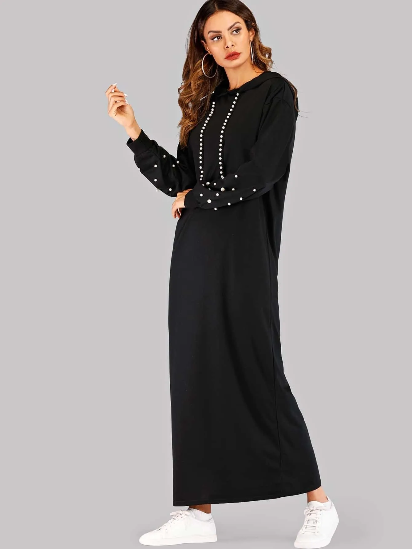 Beaded Detail Drawstring Hoodie Dress