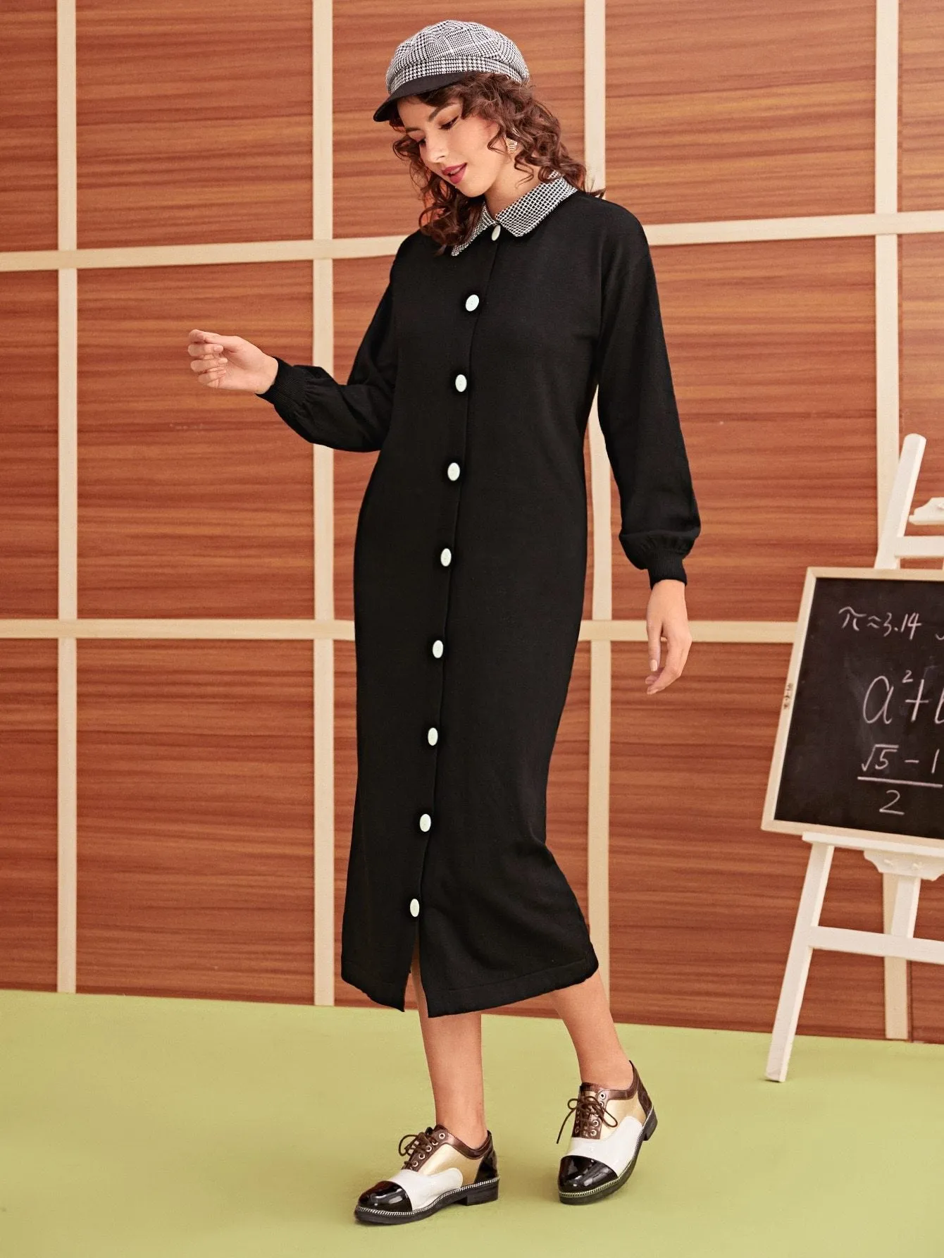 Contrast Collar Button Front Jumper Dress
