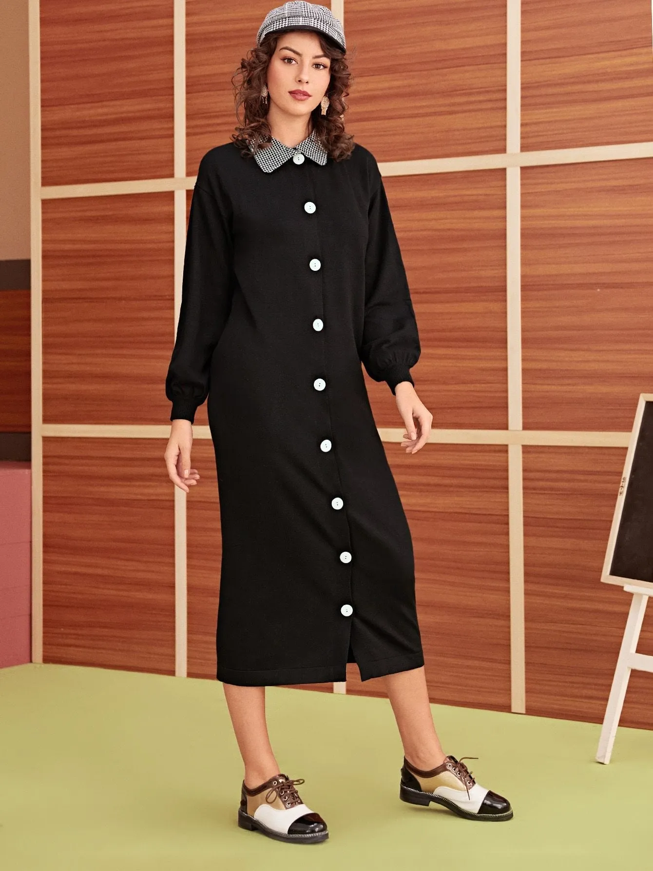 Contrast Collar Button Front Jumper Dress