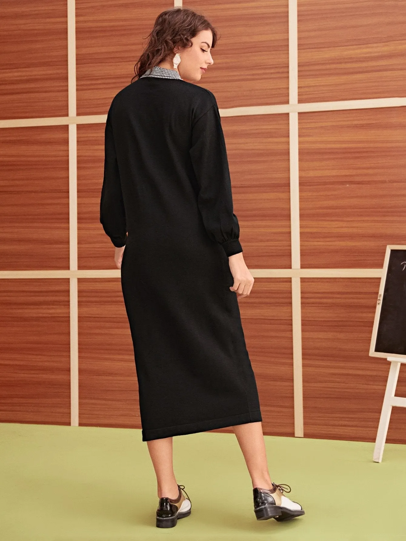 Contrast Collar Button Front Jumper Dress