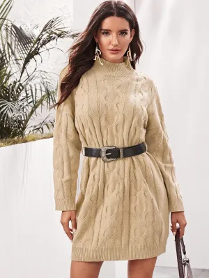 Drop Shoulder Cable Knit Jumper Dress With Belt