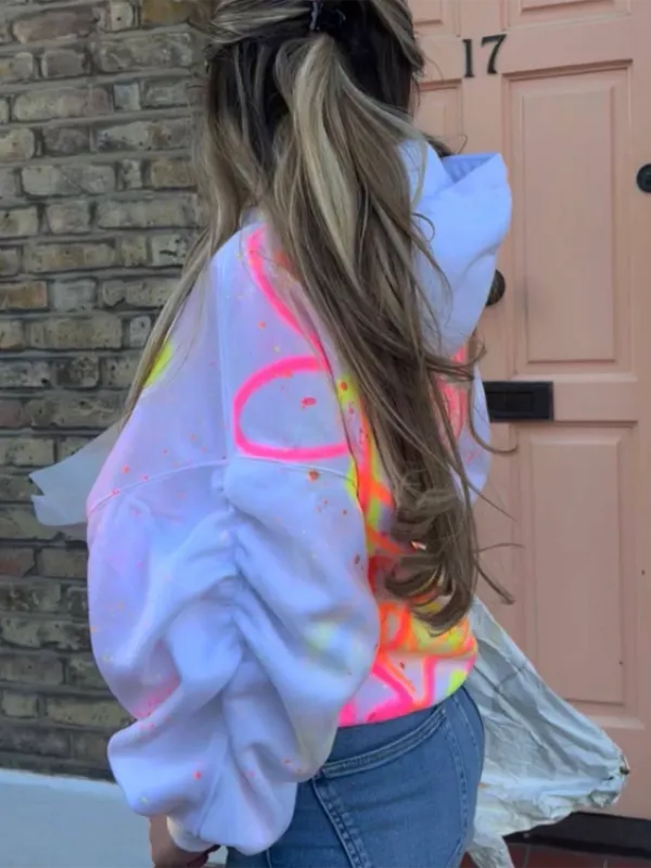 Graffiti Hooded Collar Color Block Top