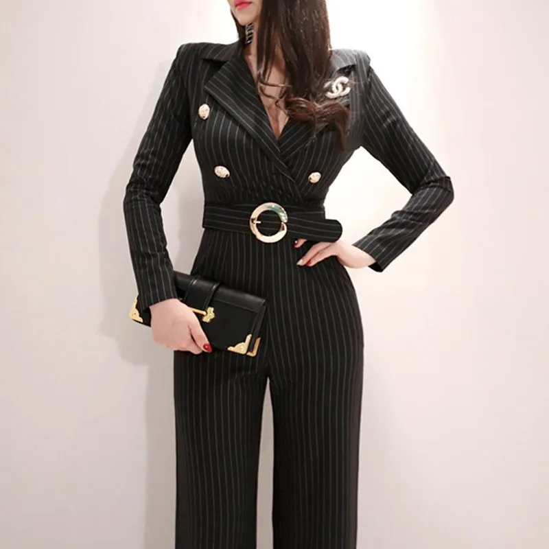 Joskaa Christmas Gift Long Sleeve Sashes Striped Jumpsuit Black V-neck Women Work Business Ankle-length Pant Jumpsuits Slim Waist Long Playsuit 2019