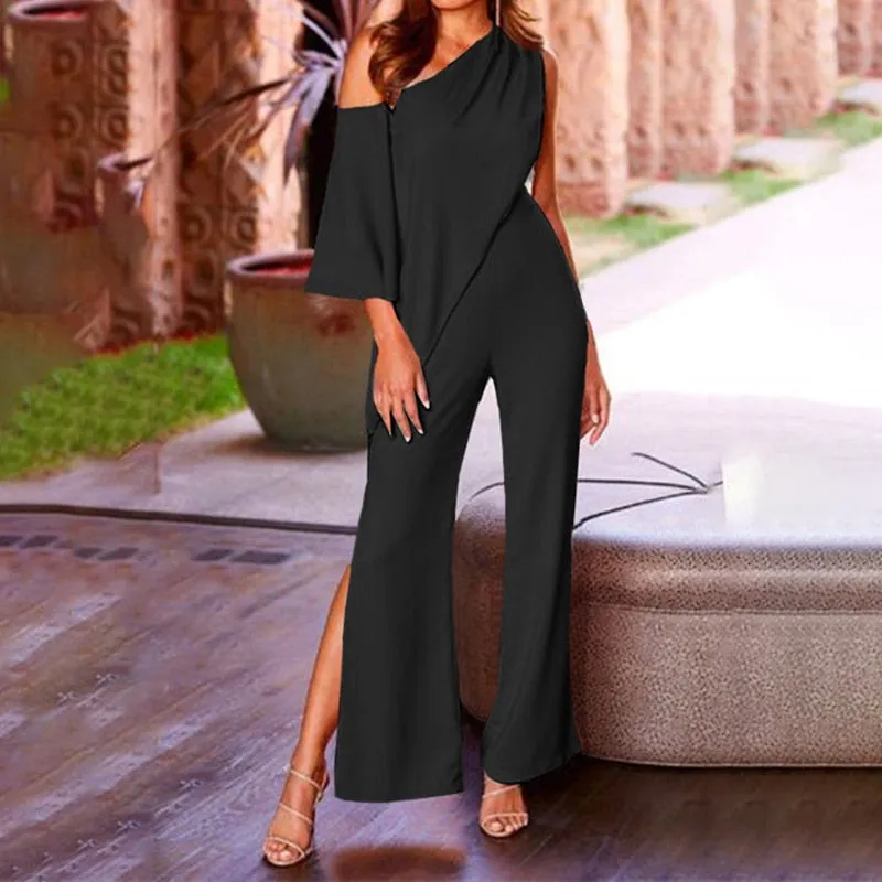 One Shoulder Nipped Waist Loose Wide Legs Pants Romper