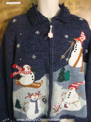 Skiing Snowmen Cheesy Christmas Sweater