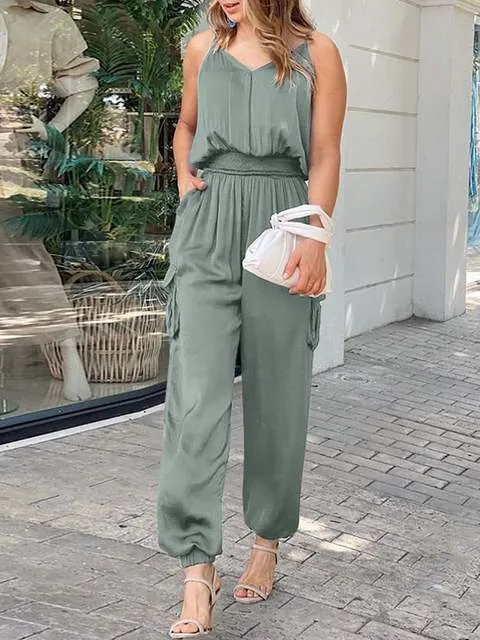 V Neck Cargo Jumpsuits